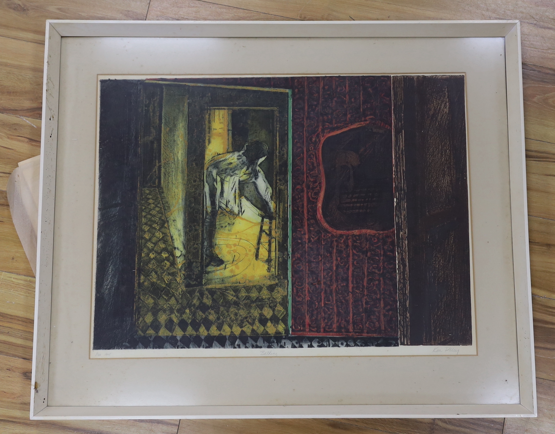 Ken Daley, colour etching, ‘Bathing’, signed in pencil and dated 1965, limited edition 1/40, 58 x 75cm
